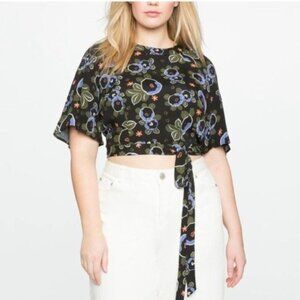 Eloquii Black Floral Cropped Tie Waist Top